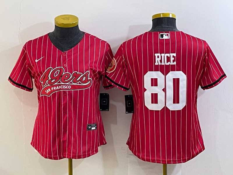 Womens San Francisco 49ers #80 Jerry Rice Red Pinstripe With Patch Cool Base Stitched Baseball Jersey